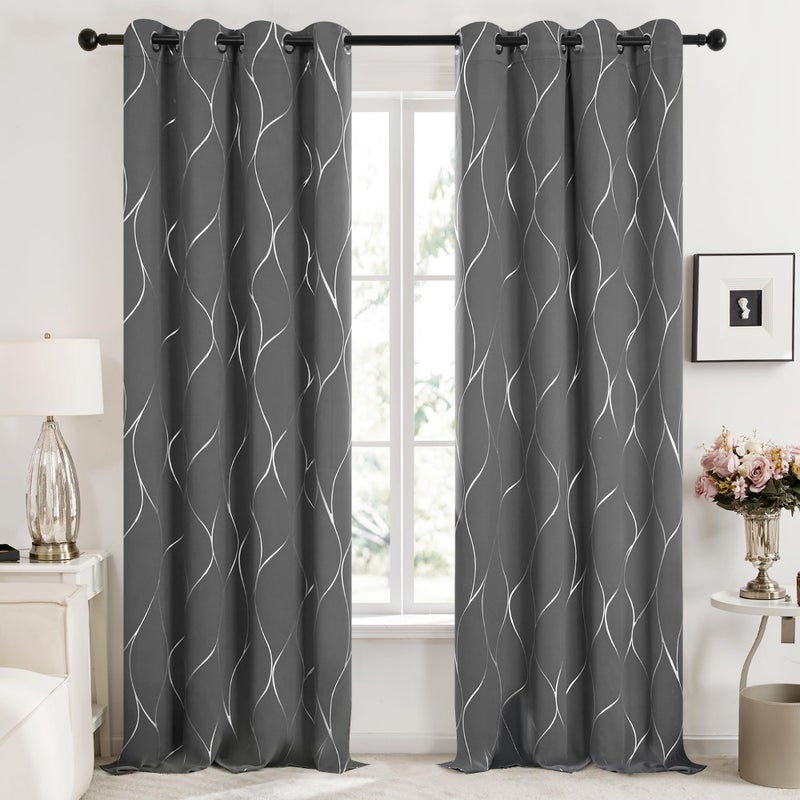 Deconovo Light Grey Blackout Curtains 2 Panel Set for Bedroom, Thermal Insulated Grommet Room Darkening Window Drapes for Living Room, Silver Line Foil Print, 52W x 96L Inch - Image 2